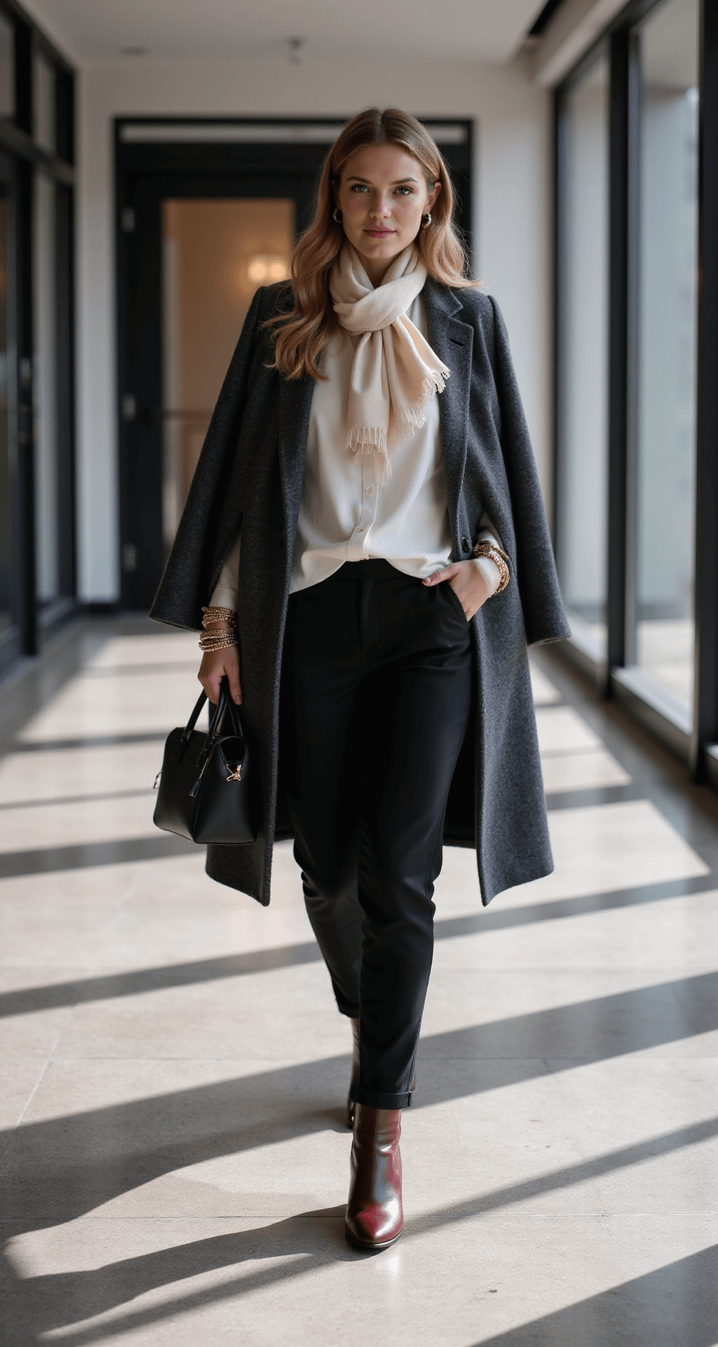A confident woman in a charcoal wool coat and cream silk scarf walks through a sleek office lobby, wearing tailored black trousers and burgundy leather ankle boots. She carries a black leather portfolio clutch and dons a simple gold bracelet stack, with dramatic winter sunlight casting shadows on the architectural details around her.