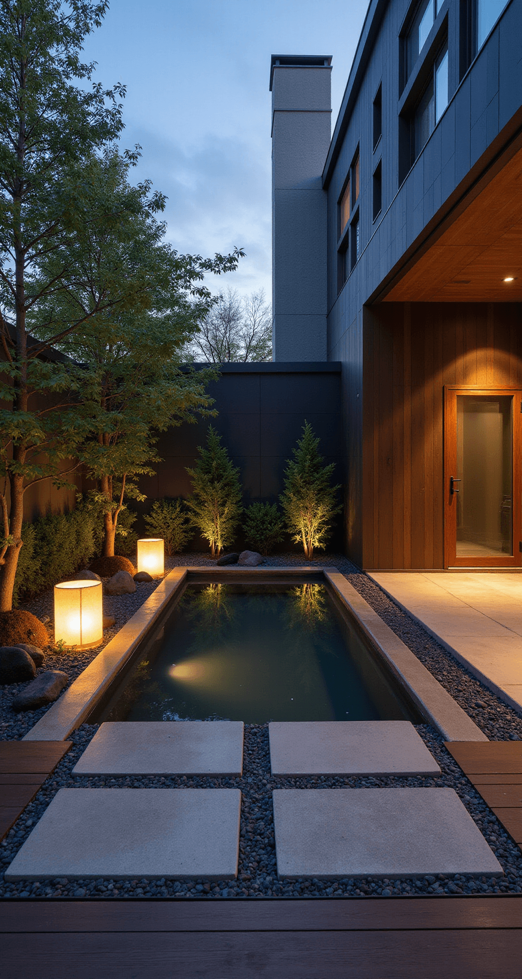 Intimate Japandi water garden setting at sunset featuring a modern reflection pool surrounded by IPE wood decking, black river rocks, and smooth concrete pavers, illuminated by inset LED strips and paper lanterns, with water reflections of lush architectural plants and the evening sky in deep brown, cool gray, and moss green hues.