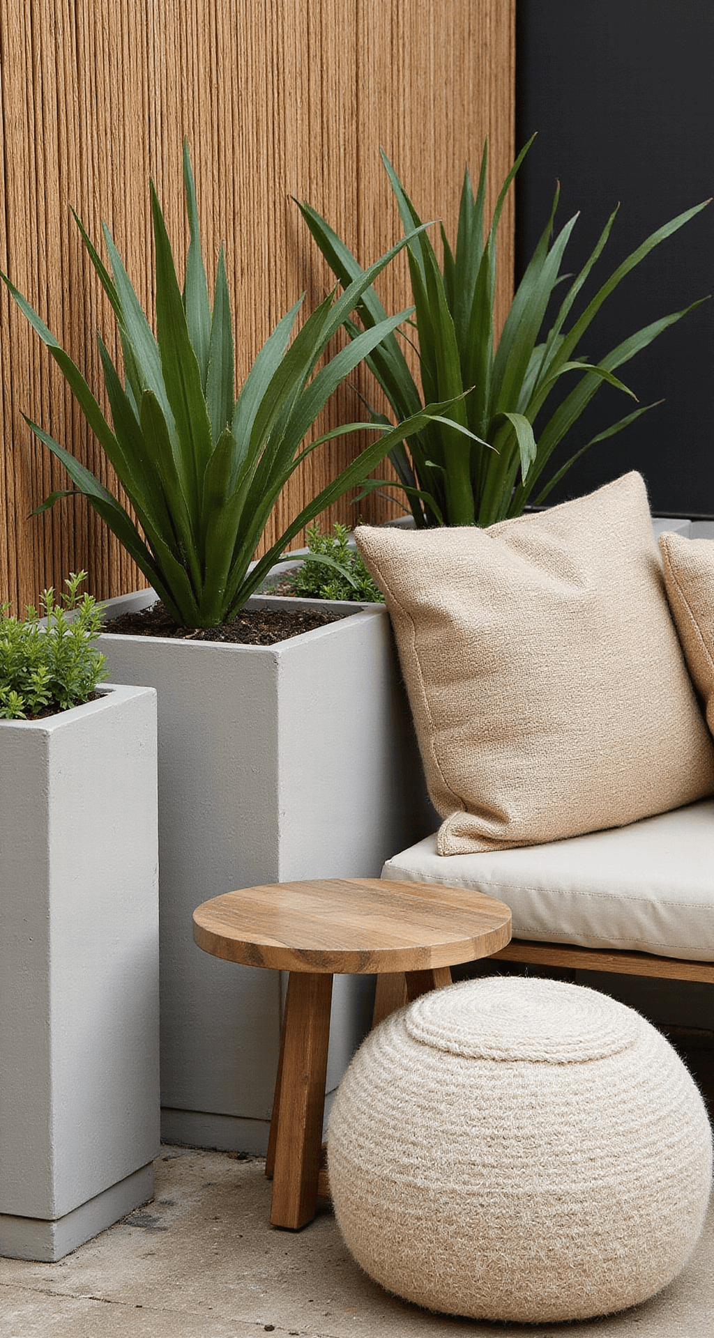 Close-up detail of a textured garden scene in morning light, showcasing brushed concrete planter walls, a bamboo privacy screen, layered beige outdoor weave pillows, a jute pouf, and a weathered teak table, with various plants adding organic contrast.