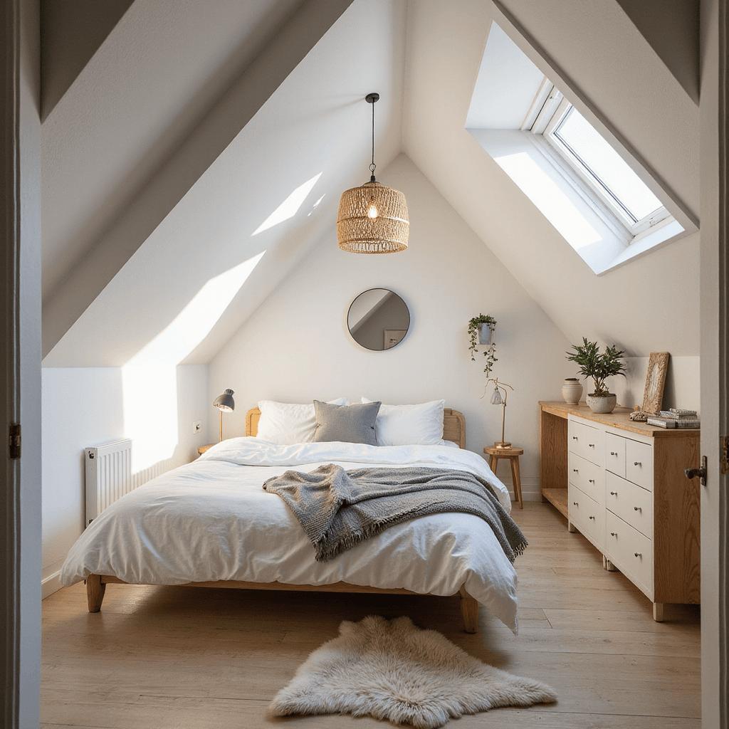 A serene attic bedroom with sloped ceilings and a skylight, featuring a queen bed in white linens, built-in oak drawers, a vintage brass mirror, and a rattan pendant light, all bathed in warm golden hour light.