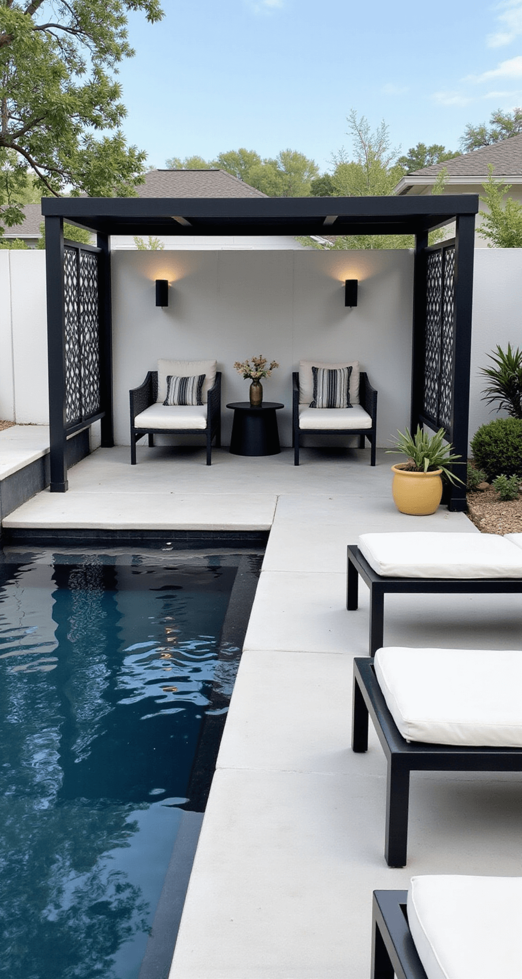 Elevated view of a contemporary poolside retreat featuring a linear pool with a dark bottom, minimalist white mesh chaise lounges, a black and white striped cabana, and modern sconces on a geometric privacy wall, all captured at midday.