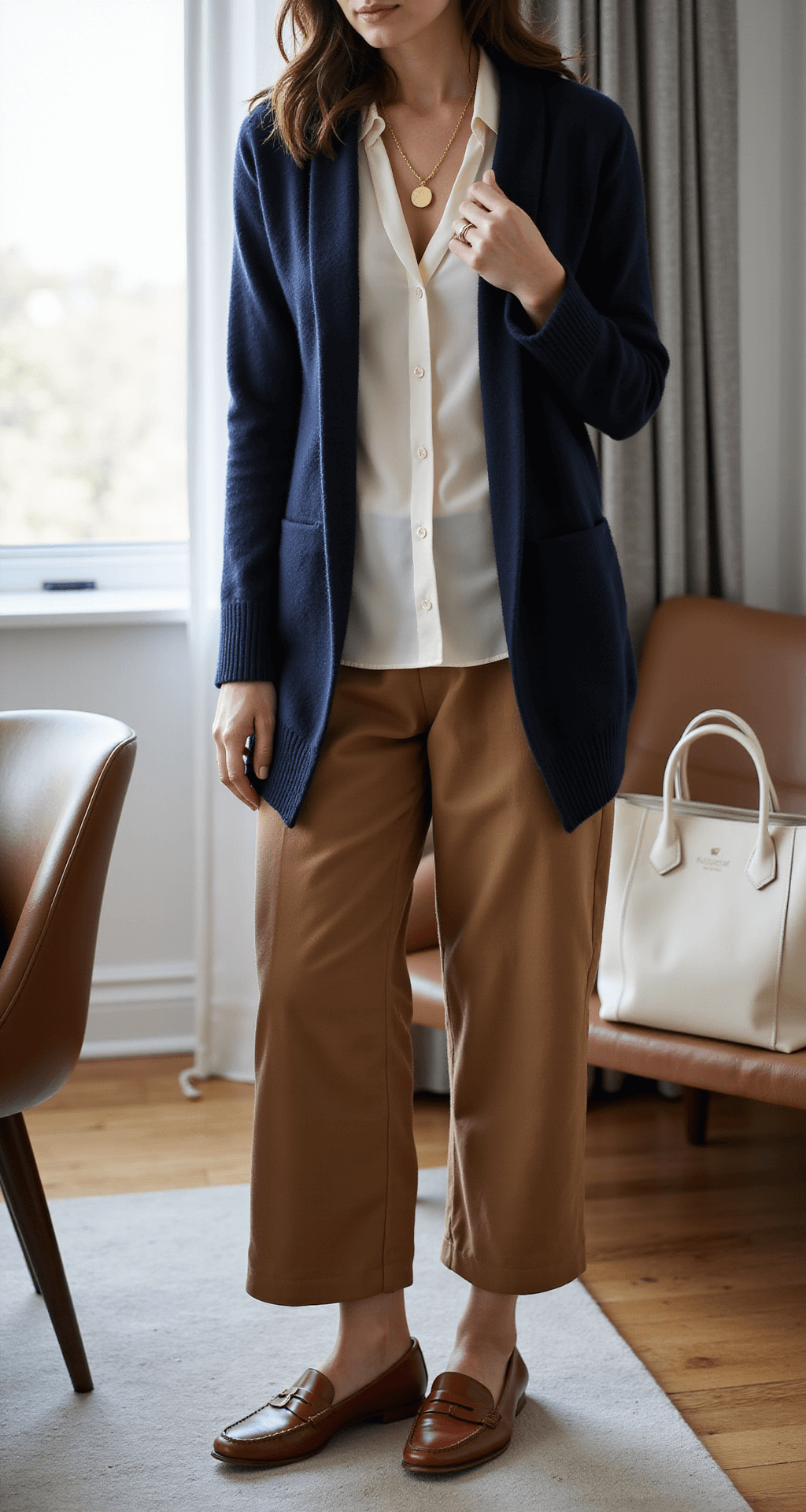 A close-up of a cozy home office corner featuring a woman in a navy wool cardigan over an ivory silk shell, camel wide-leg trousers, and cognac leather loafers, with a cream leather tote nearby and a delicate gold necklace. The scene is bathed in diffused natural light filtering through sheer curtains, highlighting the textures and sophisticated color palette.
