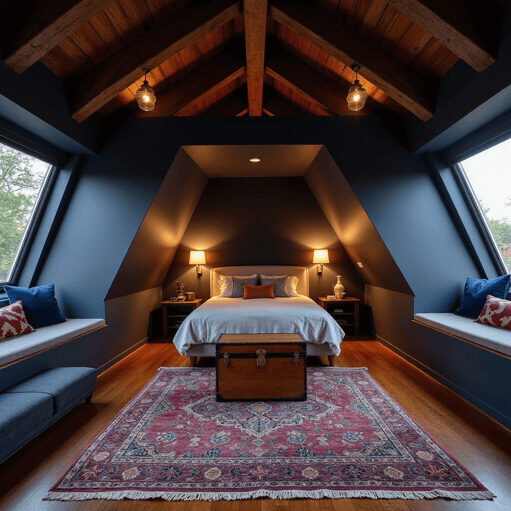 Cozy modern attic bedroom at dusk featuring twin dormers, dark wood beams, a low-profile platform bed, and a reading nook with velvet cushions, illuminated by hidden LED strips and brass sconces, with a vibrant Moroccan rug anchoring the space.