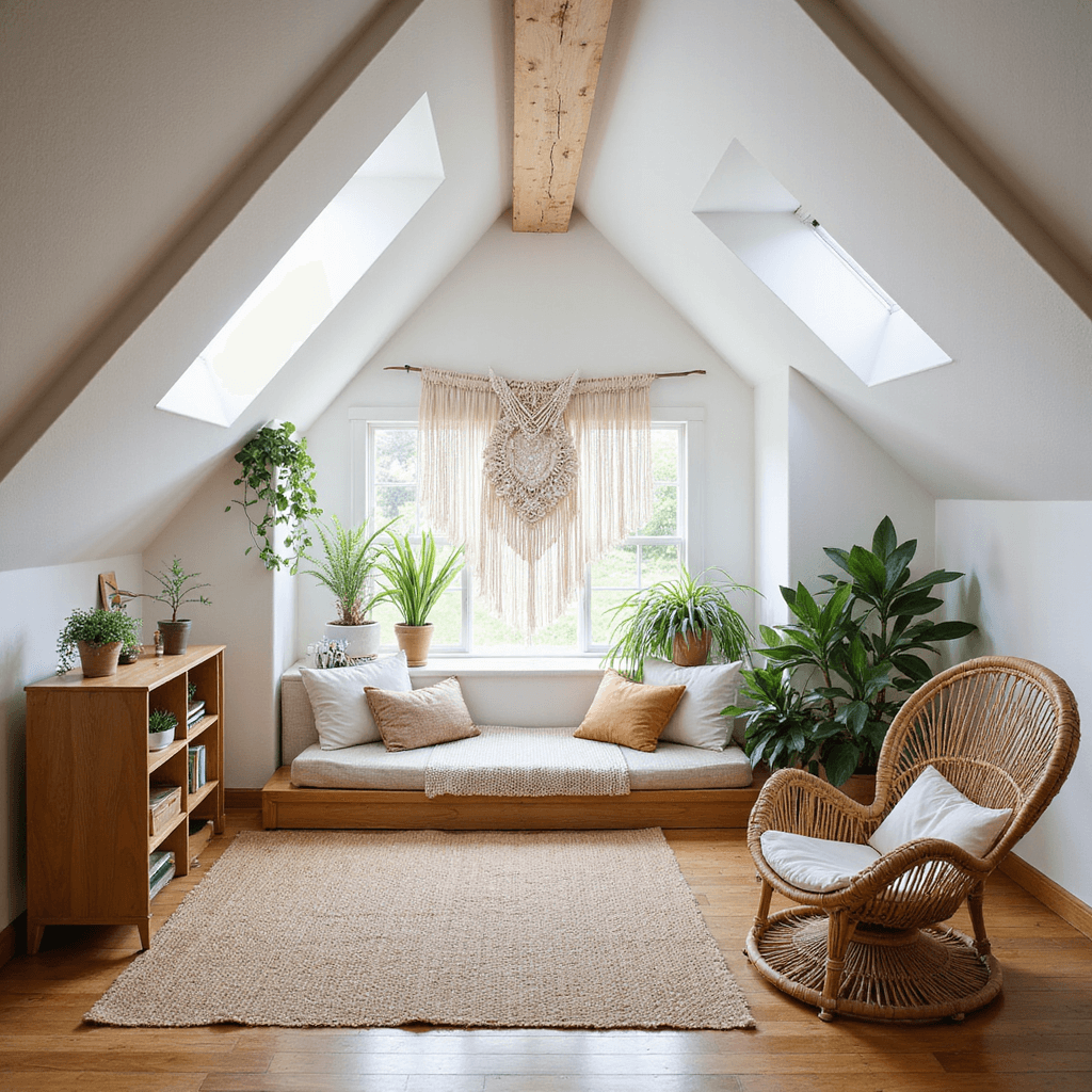 Bright boho attic retreat featuring warm white asymmetrical ceilings, skylights casting light paths, floor cushions, a low-profile daybed with a macramé wall hanging, trailing plants, a built-in bookshelf, a natural jute rug over bamboo floors, and a rattan peacock chair, captured from a floor-level perspective with diffused natural lighting.