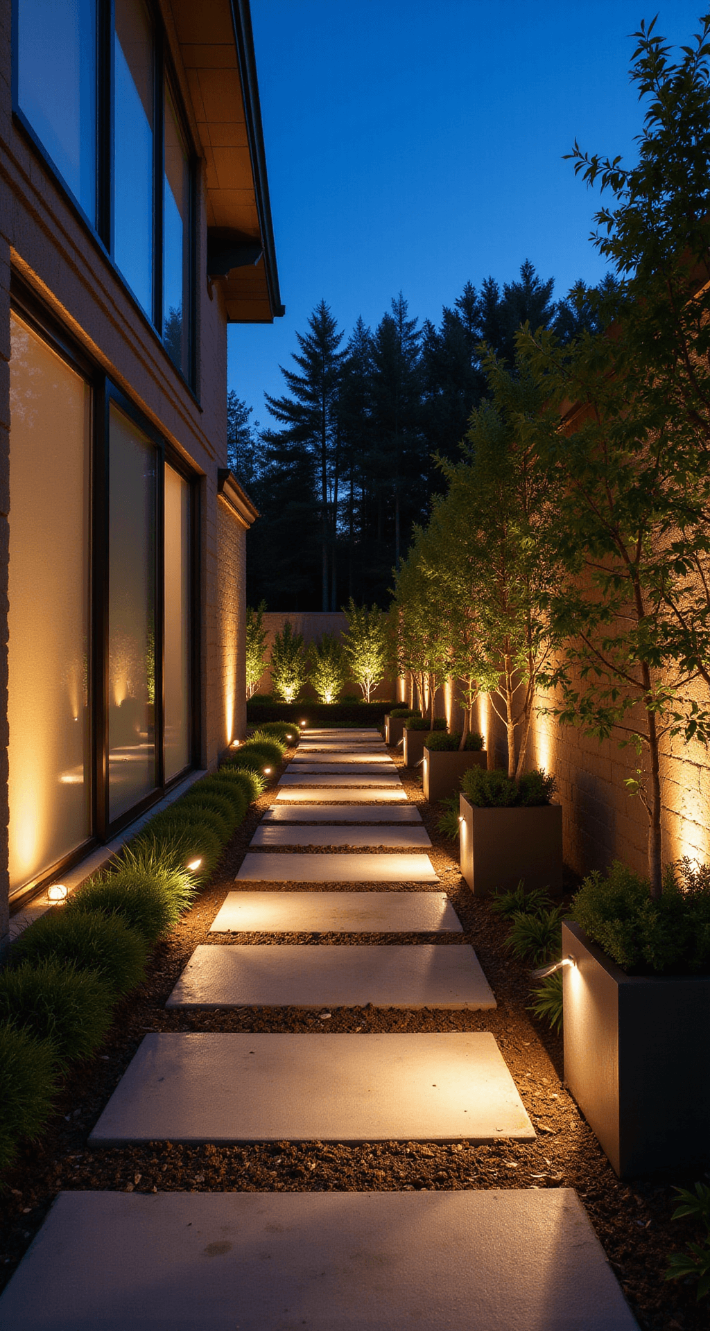 A magical evening scene in a night garden featuring warm LED path lights illuminating geometric pavers, floating orb lights in various sizes, and backlit frosted glass panels for privacy, complemented by modern planters with integrated lighting showcasing architectural plants.