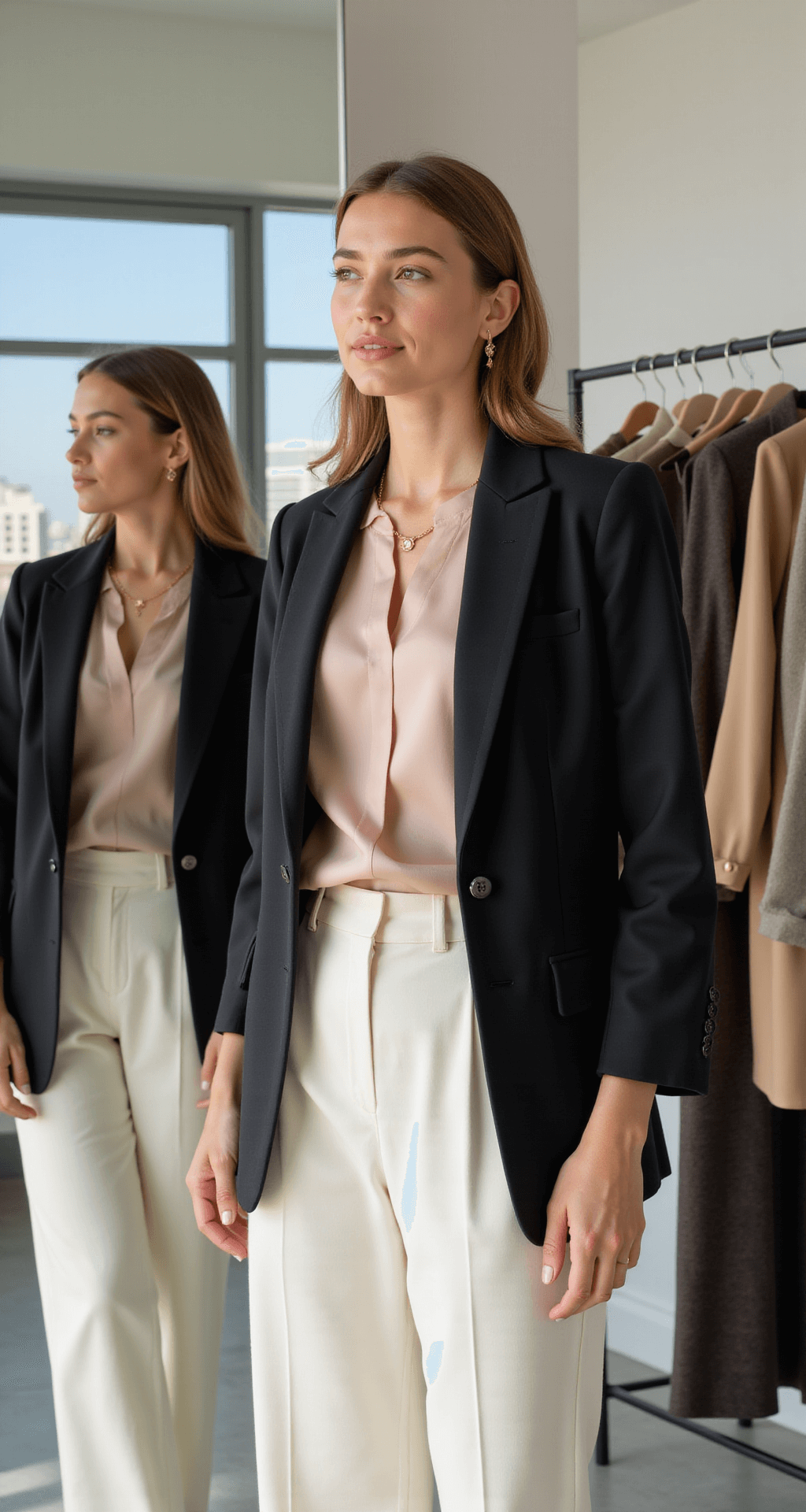 A young professional woman tries on a tailored black blazer in a sun-filled modern office, wearing high-waisted cream trousers and a silk blush blouse, with natural light highlighting her outfit. The minimalist space features floor-to-ceiling windows and a clothing rack with neutral-toned workwear.