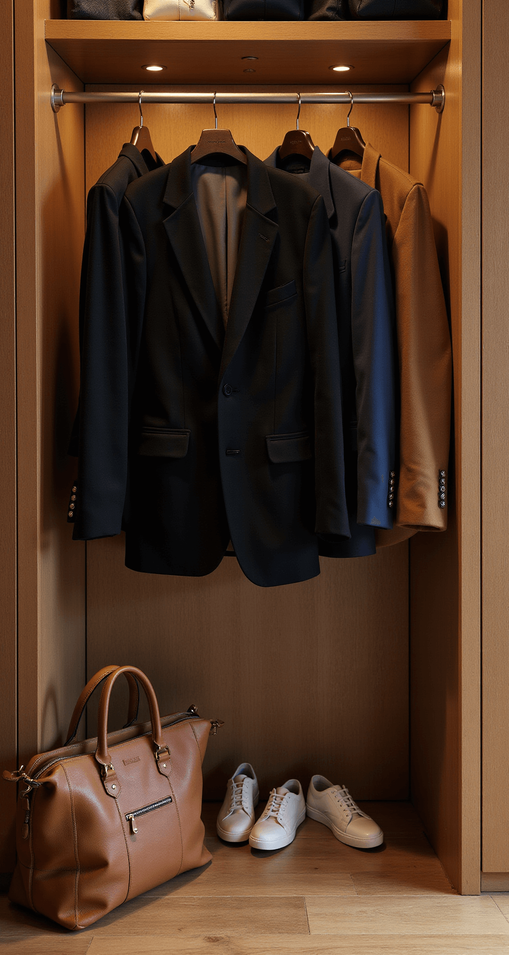 Interior of a stylish walk-in closet at golden hour, featuring three neatly hung blazers (black, navy, camel) on velvet hangers, with coordinating blouses and tailored trousers in the background. Warm lighting accentuates the quality fabrics, while a structured leather work tote and minimal white sneakers are arranged below, captured with shallow depth of field.
