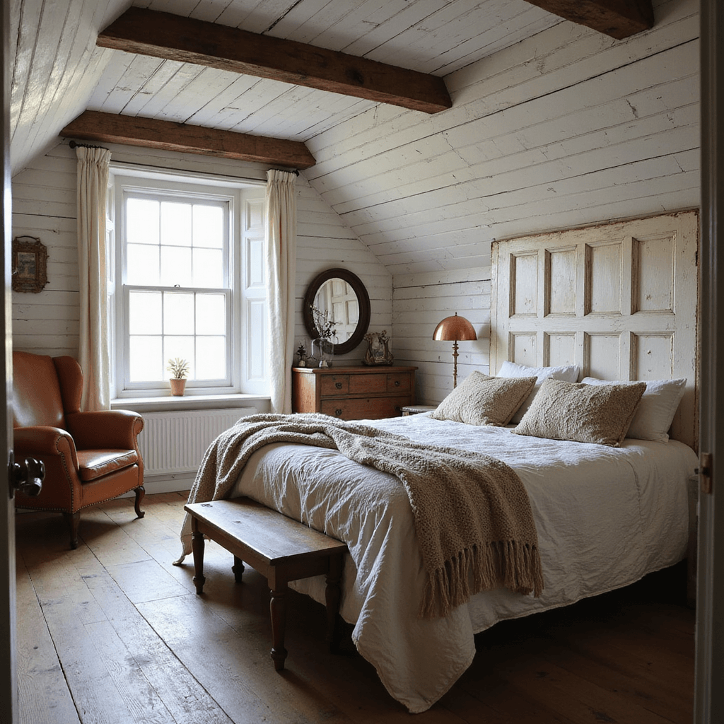 A rustic romantic attic bedroom at sunrise, featuring exposed timber beams and whitewashed plank walls. A king bed with a vintage French door headboard is layered with chunky knit throws and quilts. A distressed leather armchair and a copper floor lamp sit nearby, while an antique dresser with a patina mirror adds charm. Early morning light streams through a dormer, enhancing the timeworn European farmhouse ambiance.