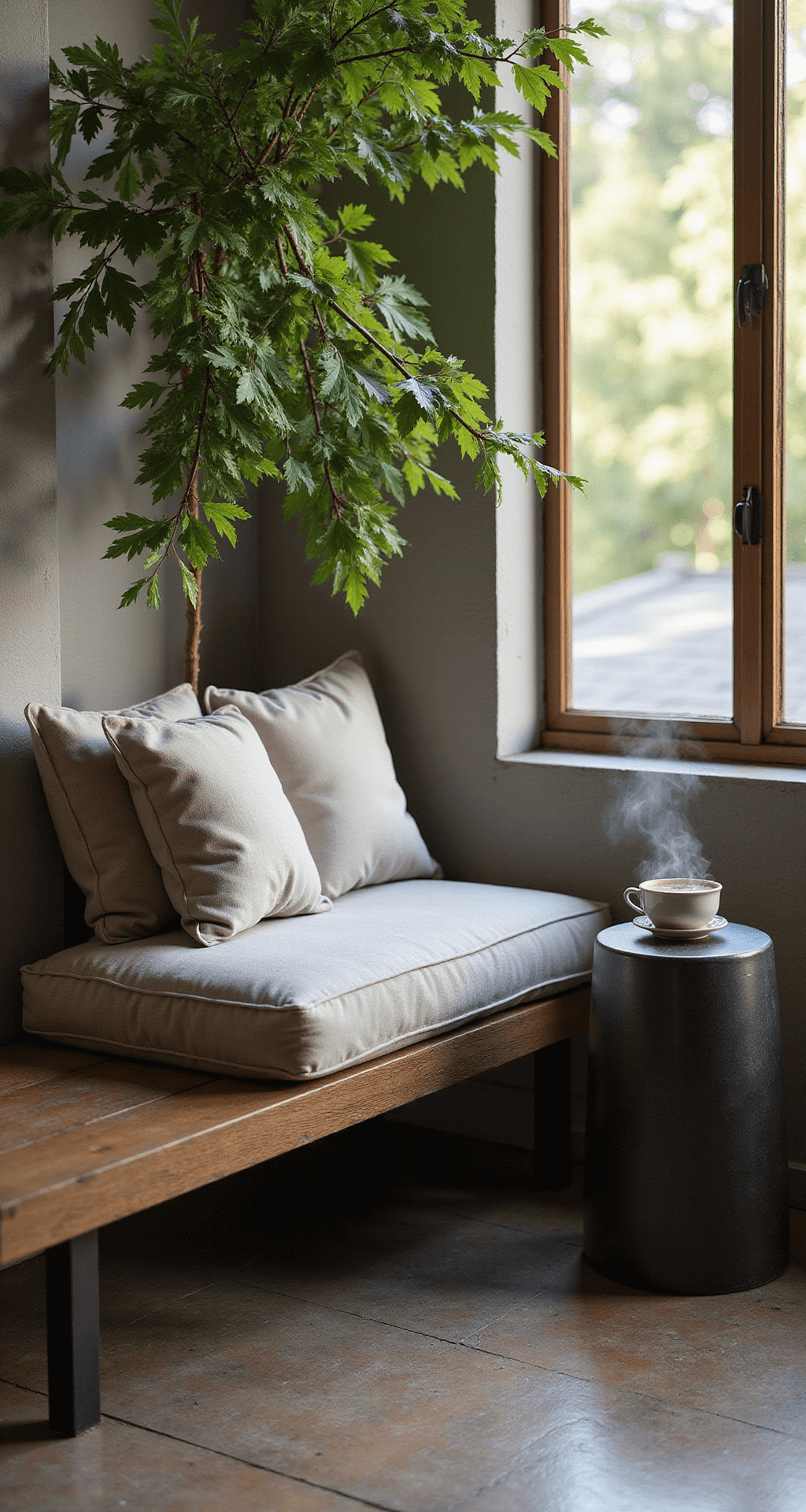 An intimate corner coffee nook at sunrise features a built-in concrete bench with a floating wooden seat and neutral waterproof cushions, a minimalist blackened steel side table, and an oversized ceramic planter with a Japanese maple. Morning light highlights steam rising from a coffee cup, creating a cozy, peaceful atmosphere with a shallow depth of field.