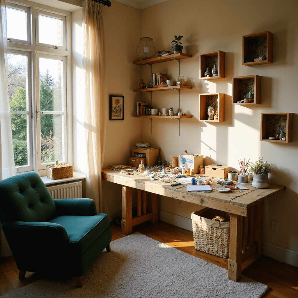 A cozy crafting nook in a living room, featuring a rustic wooden table with cardboard scraps and colorful paints, complemented by completed shadow boxes on the wall and soft afternoon light streaming through sheer curtains. A plush forest green armchair and floating shelves filled with craft supplies add to the inviting atmosphere, with a view of a lush garden through the bay window.