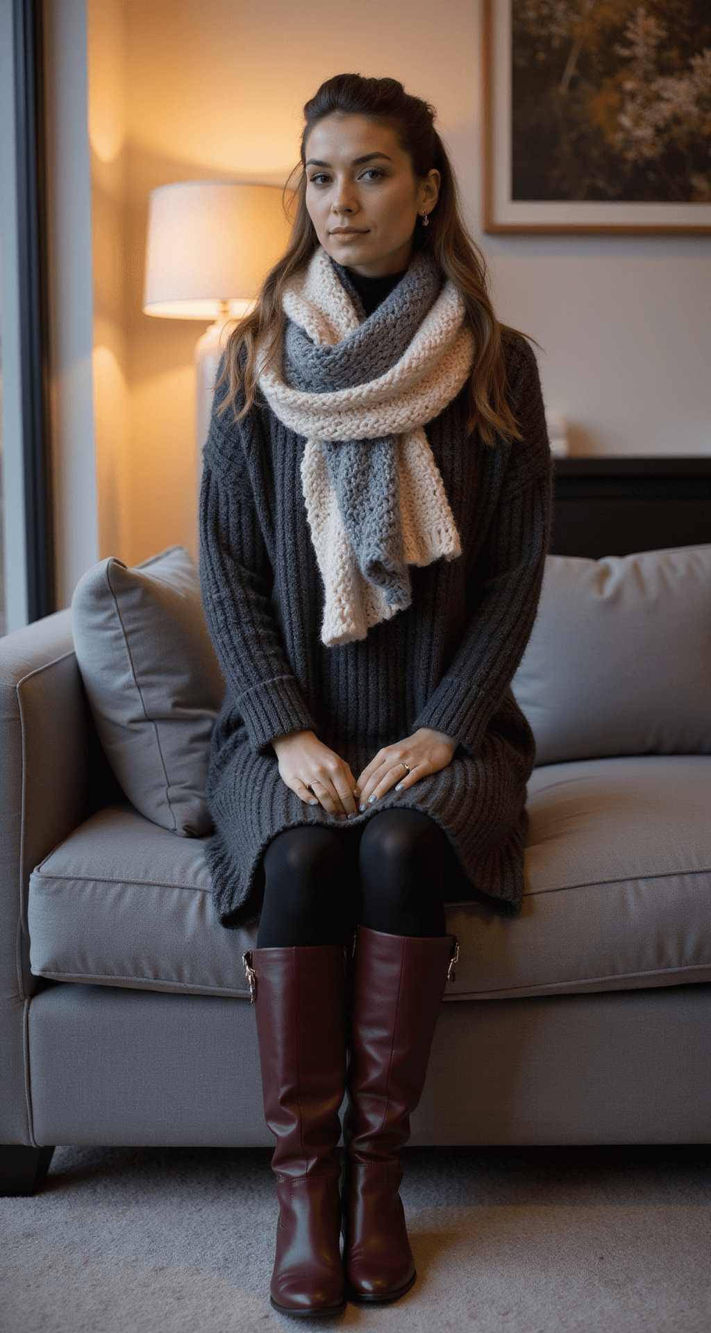 A stylish living room at dusk featuring a model posed on a modern grey sofa, wearing a ribbed charcoal sweater dress, black opaque tights, and burgundy leather knee-high boots, complemented by an oversized chunky knit scarf in cream and grey. Warm lamp light enhances the cozy atmosphere.