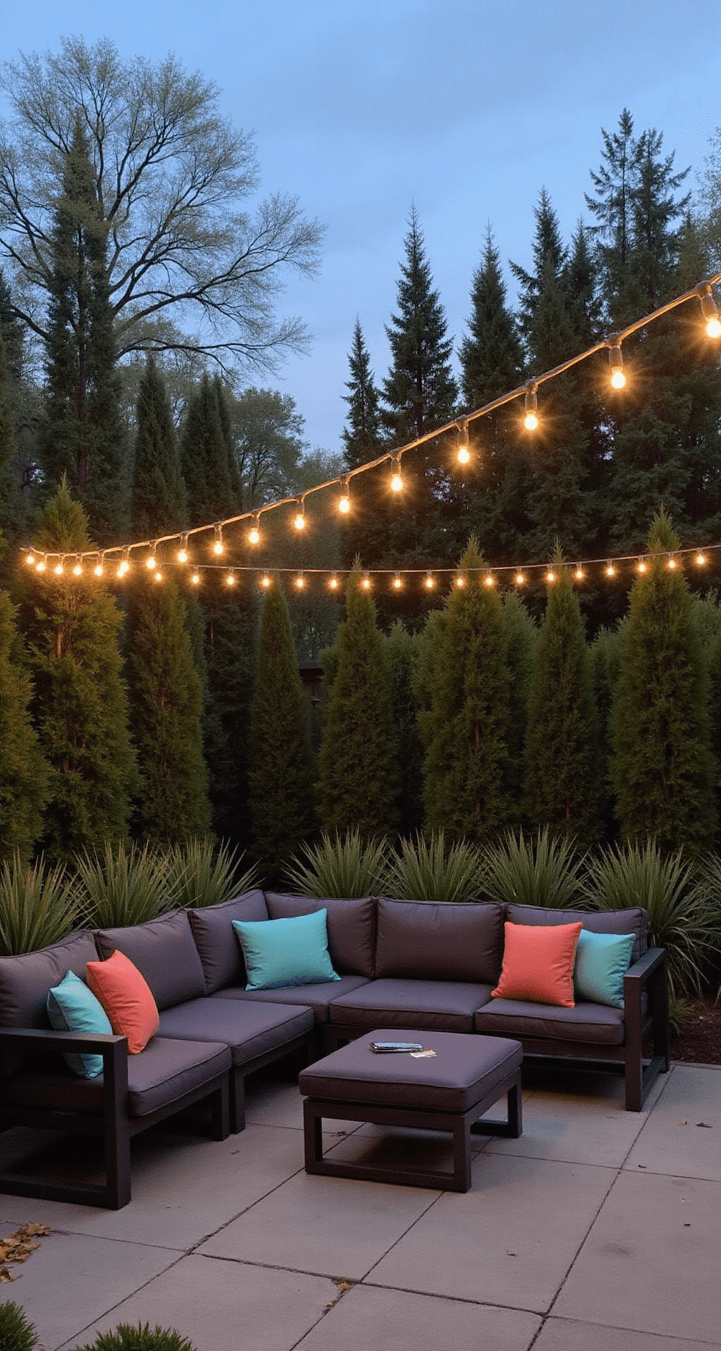 A contemporary L-shaped corner sofa in a 15x20ft garden room, featuring a charcoal aluminum frame and deep slate cushions, accented with coral and mint throw pillows. Twilight lighting with warm LED string lights overhead and tall ornamental grasses surrounding the area for privacy, creating a cozy atmosphere.