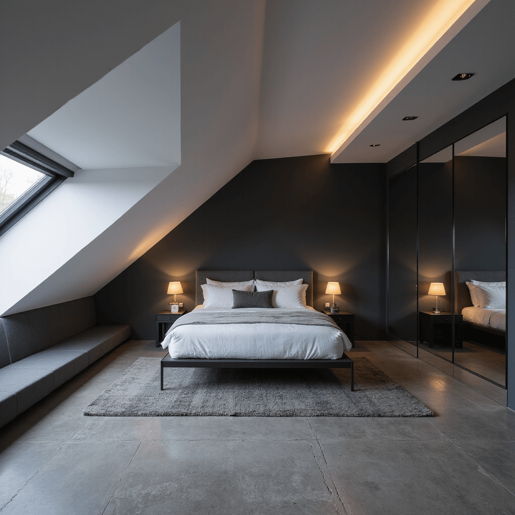 A contemporary minimalist attic suite at twilight, featuring an open-plan design with contrasting charcoal grey walls and a white ceiling. The custom platform bed floats mid-room, illuminated by linear LED lighting. A floor-to-ceiling mirror wall enhances the spacious feel, with polished concrete floors and a grey wool area rug. The image is captured from above with mixed dim natural and architectural lighting, creating an ultra-modern urban loft ambiance.