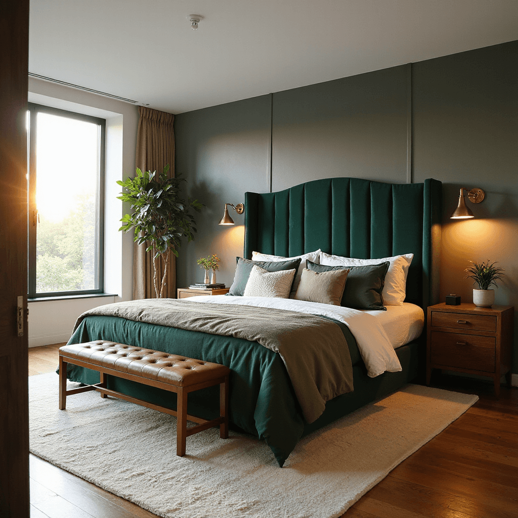 A serene primary bedroom featuring a king-size bed with a curved forest green velvet headboard, layered bedding in sage, cream, and charcoal, brass sconces by custom walnut nightstands, and a textured ivory wool rug, all bathed in golden hour light from floor-to-ceiling windows.