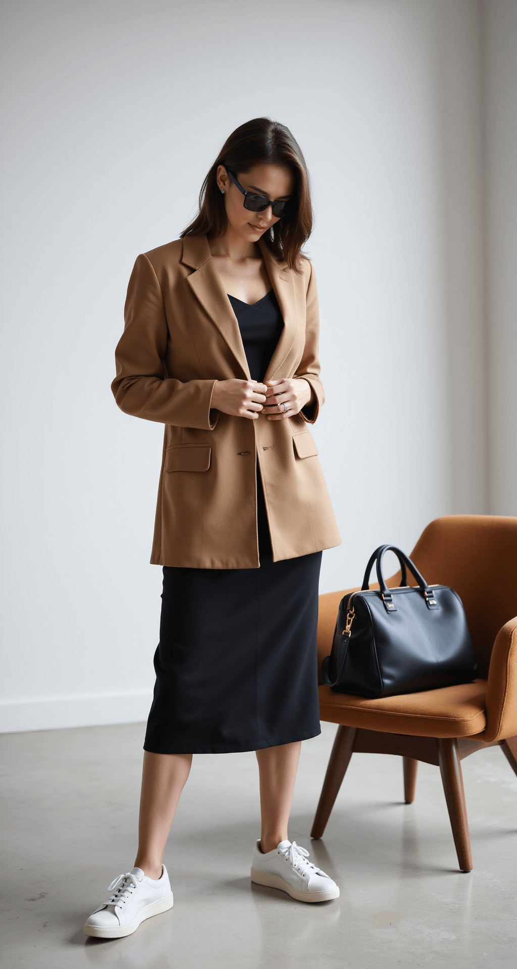 A stylish young professional in a camel blazer and black knee-length dress adjusts her belt in a modern studio with soft lighting, minimal white sneakers, and a structured work bag on an accent chair, set against a clean white wall with subtle shadows.