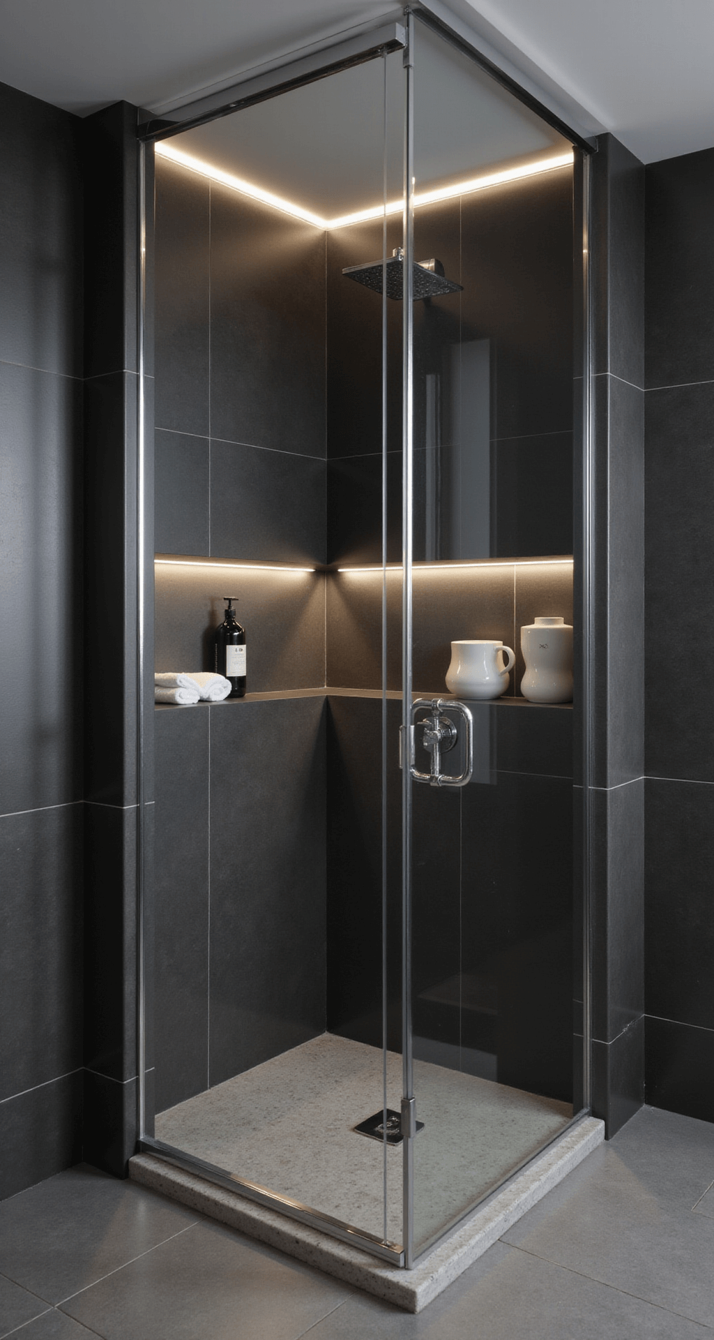 A spacious shower enclosure featuring matte black porcelain tiles, recessed LED strip lighting, glass doors, and chrome fixtures, viewed from a high corner angle with subtle steam atmosphere.