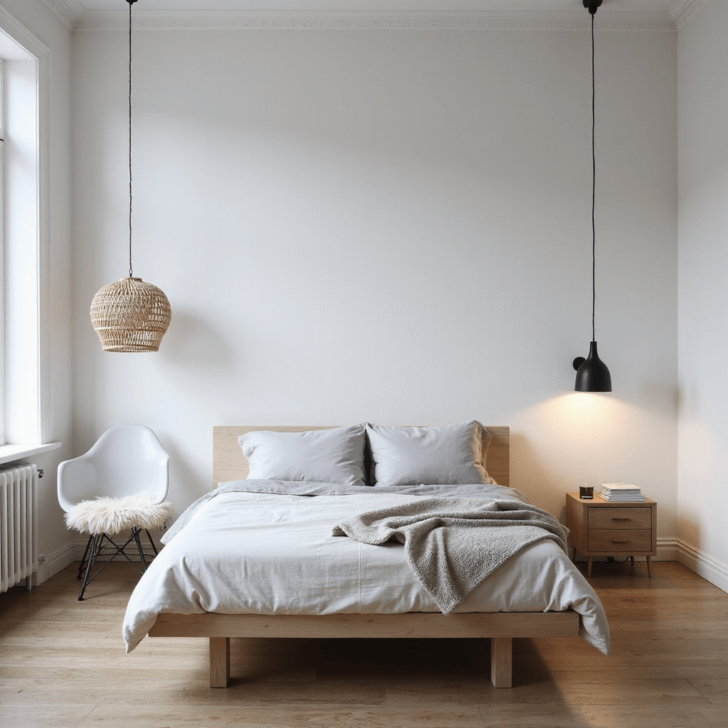 A cozy Scandinavian-inspired bedroom at dawn with a minimalist bleached oak platform bed, dressed in white linen. The room features a textured white wall, a matte black floor lamp, a rattan pendant light, built-in floating nightstands, and a reading nook with a ghost chair and sheepskin throw. Soft morning light enhances the clean lines and vertical space, creating an ethereal atmosphere.