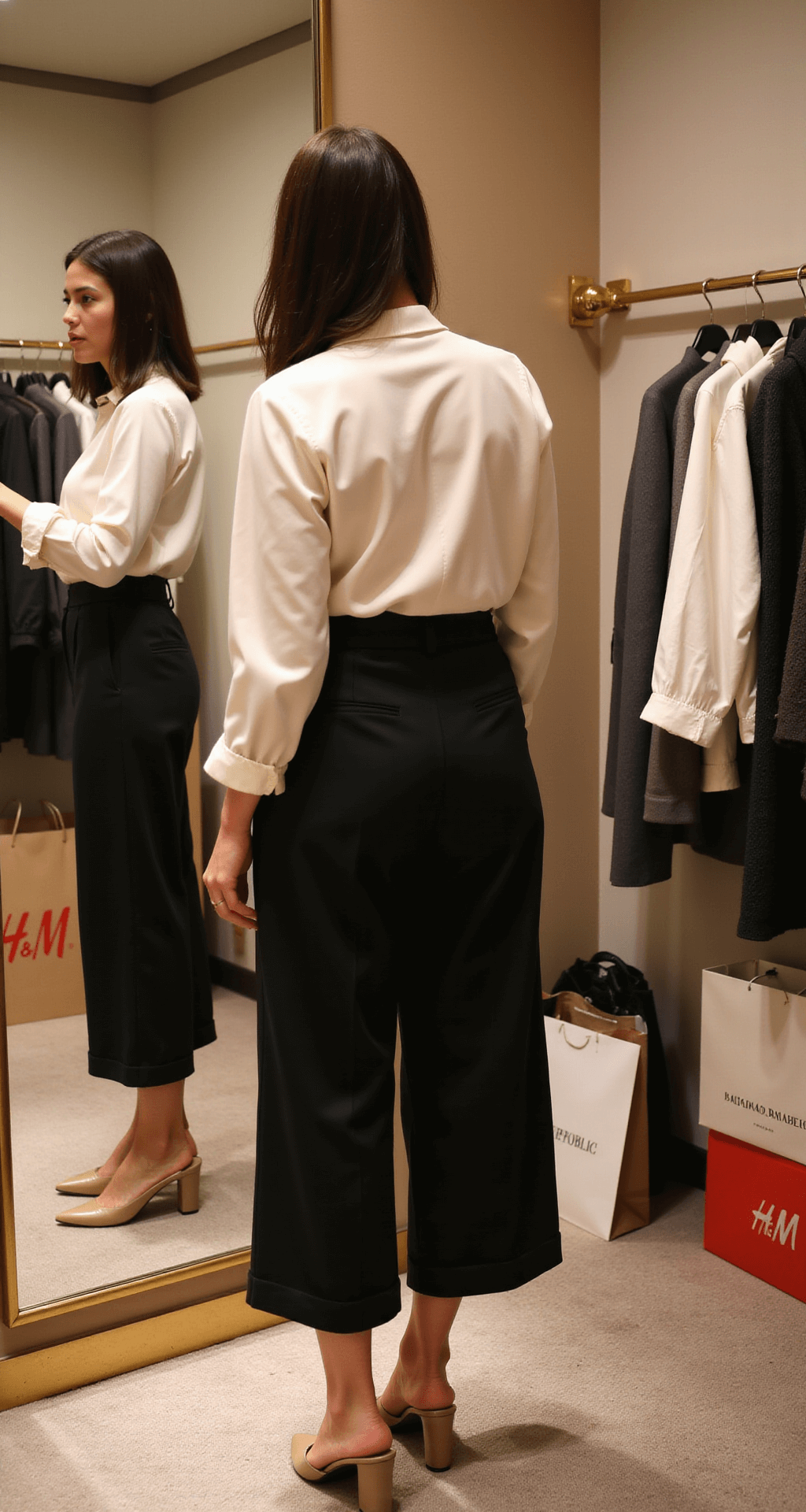 A woman admires her reflection in a three-way mirror while trying on wide-leg black trousers, paired with a tucked-in white silk blouse and pointed nude slingbacks, in a stylish boutique fitting room with warm lighting and brass fixtures. Shopping bags from H&M and Banana Republic are in the corner, and the plush carpet adds to the luxurious ambiance.