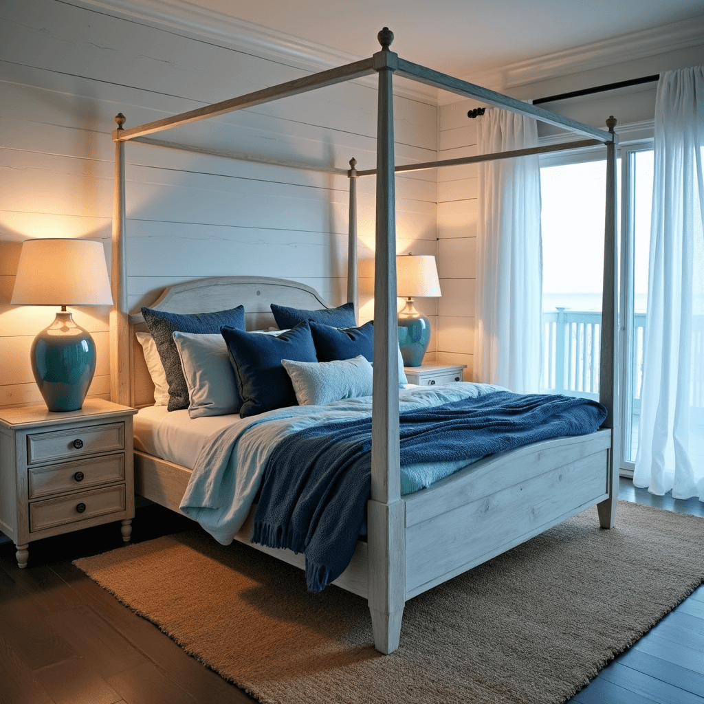A coastal-inspired master suite at twilight featuring a weathered white four-poster bed dressed in layered blues, whitewashed wood paneling, a seagrass rug, oversized ceramic lamps, and sheer white curtains, captured from a corner angle to highlight depth and a dreamy seaside atmosphere.