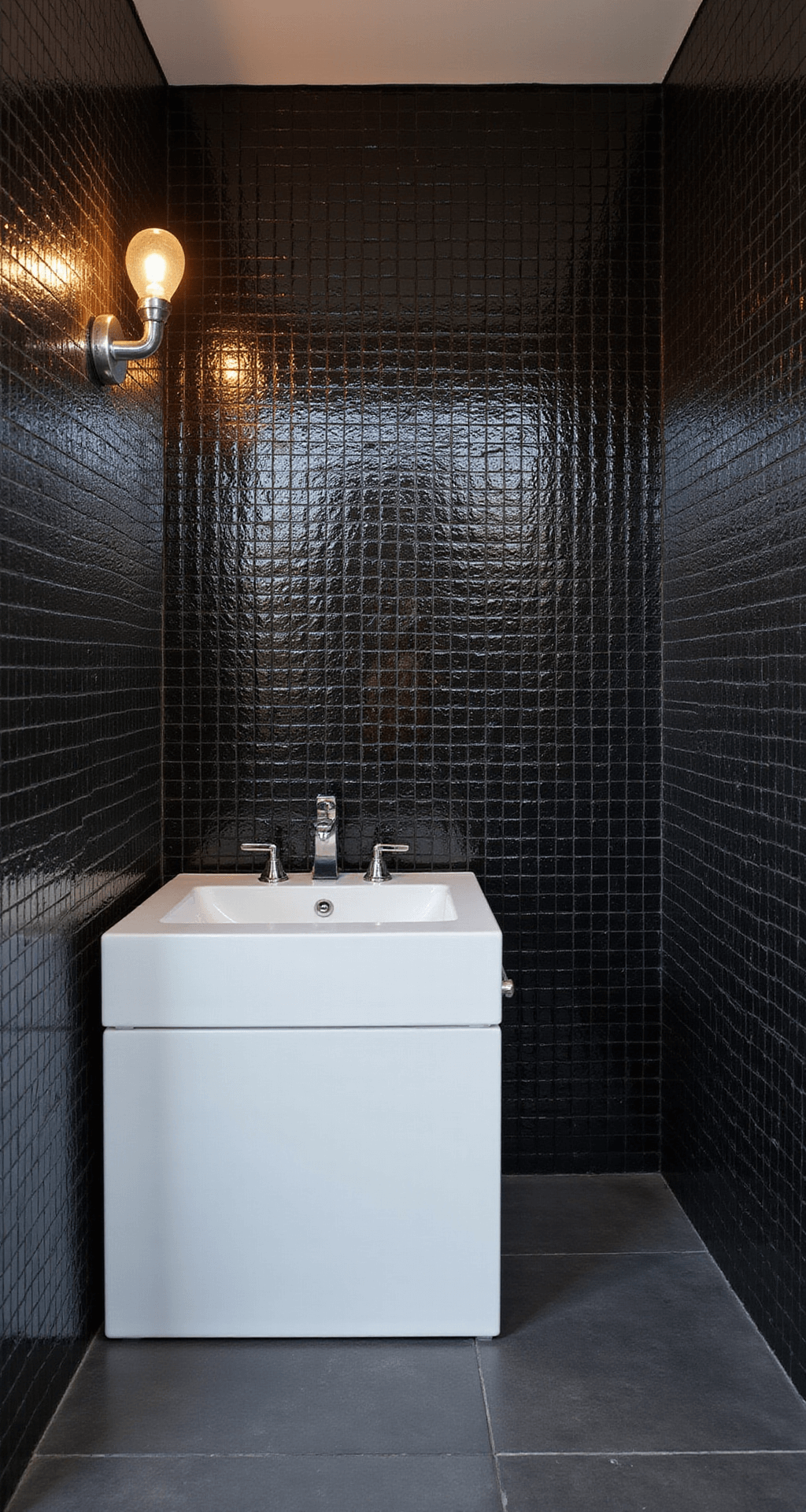 Contemporary bathroom with black glass mosaic tiles reflecting evening light, a white freestanding vanity with a waterfall countertop, and dramatic sconces illuminating the tiled accent wall.