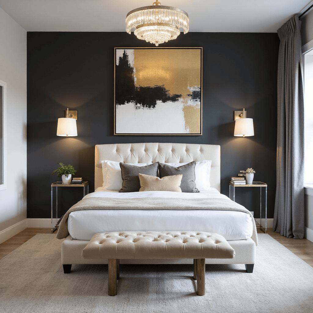 A luxurious boutique hotel-inspired bedroom featuring a dark charcoal statement wall, a cream bouclé channel-tufted bed, oversized abstract art in gold, black, and white, elegant Lucite and brass side tables, a champagne velvet upholstered bench, layered lighting with a crystal chandelier and modern task lamps, and controlled natural light from motorized sheers.