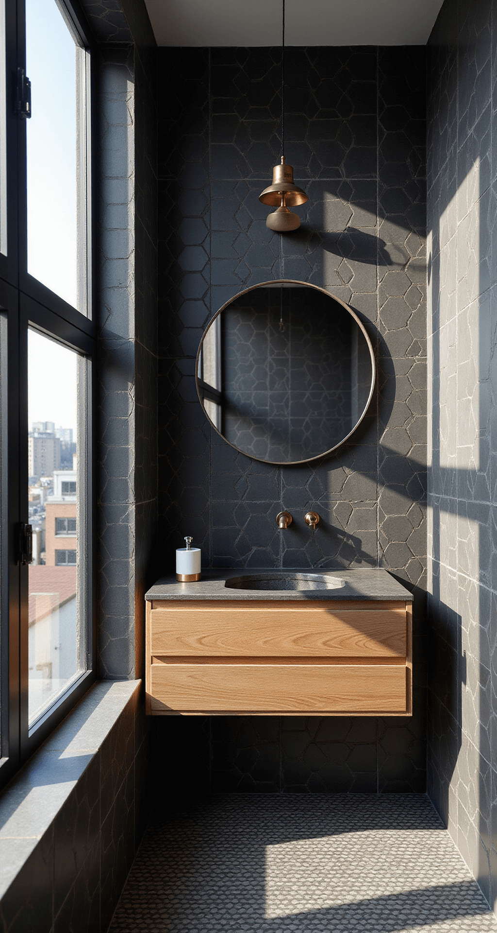 An industrial-chic bathroom featuring black cement geometric tiles, a floating wood vanity, and brushed steel fixtures, illuminated by mid-morning natural light from large windows, with vintage-style exposed plumbing fixtures.