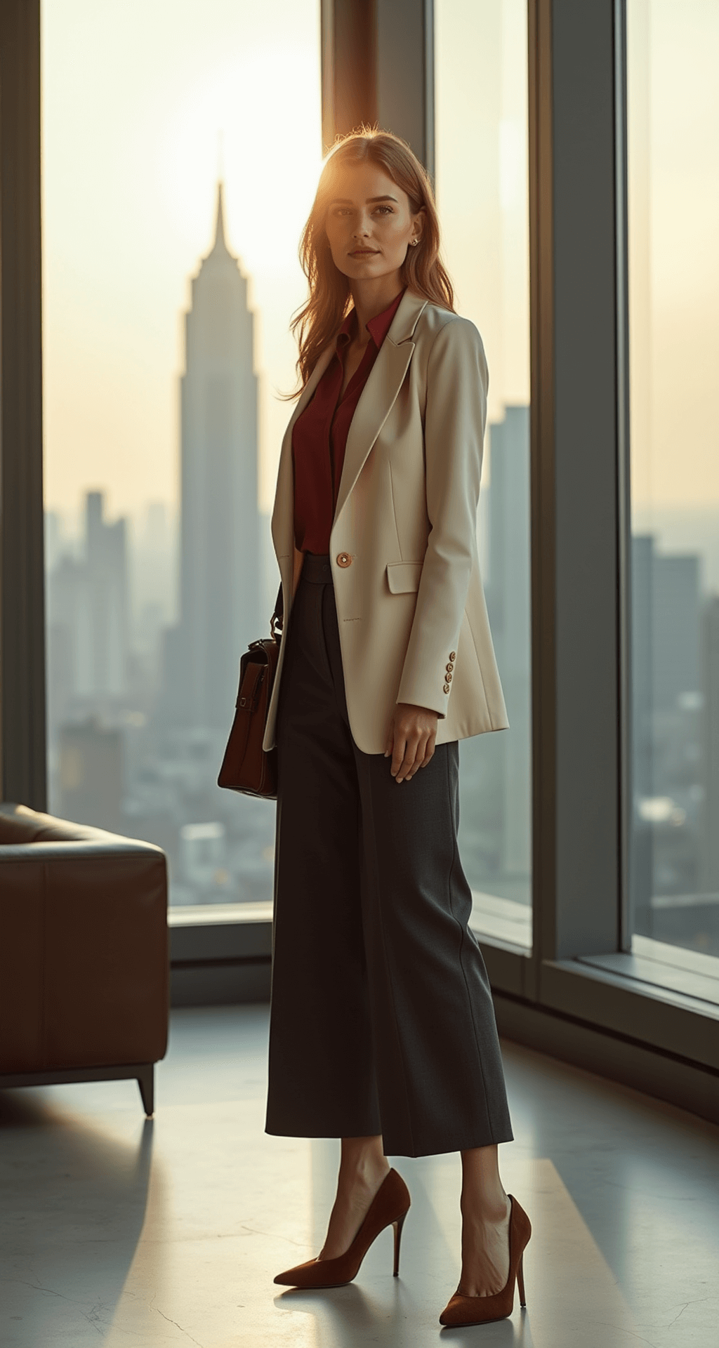 A confident female executive in her early 30s stands in a sunlit corner office, dressed in a cream blazer and burgundy blouse, with high-waisted charcoal trousers, exuding professionalism and power against a blurred city skyline.