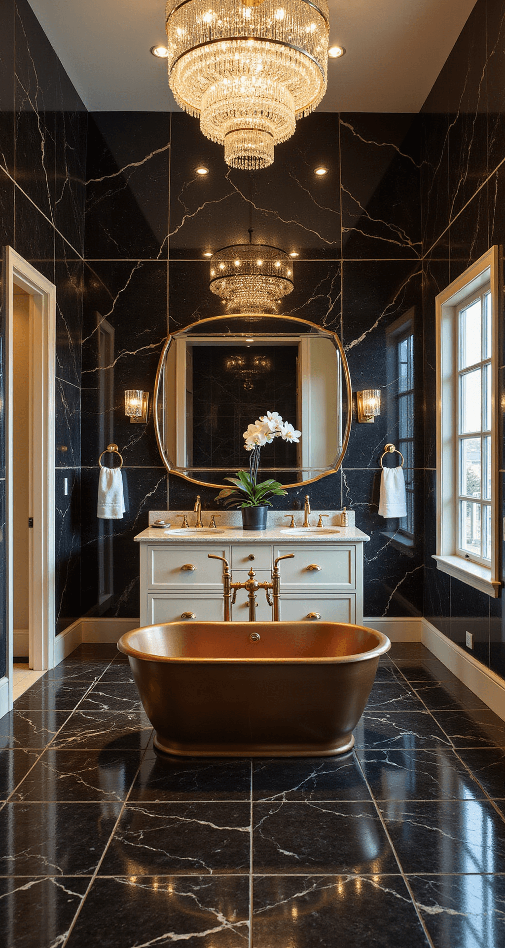 Luxurious master bathroom with glossy black marble tiles featuring gold veining, a crystal chandelier, cream double-vanity with gold hardware, a freestanding copper soaking tub, fresh white orchids, and plush textiles, captured during golden hour.