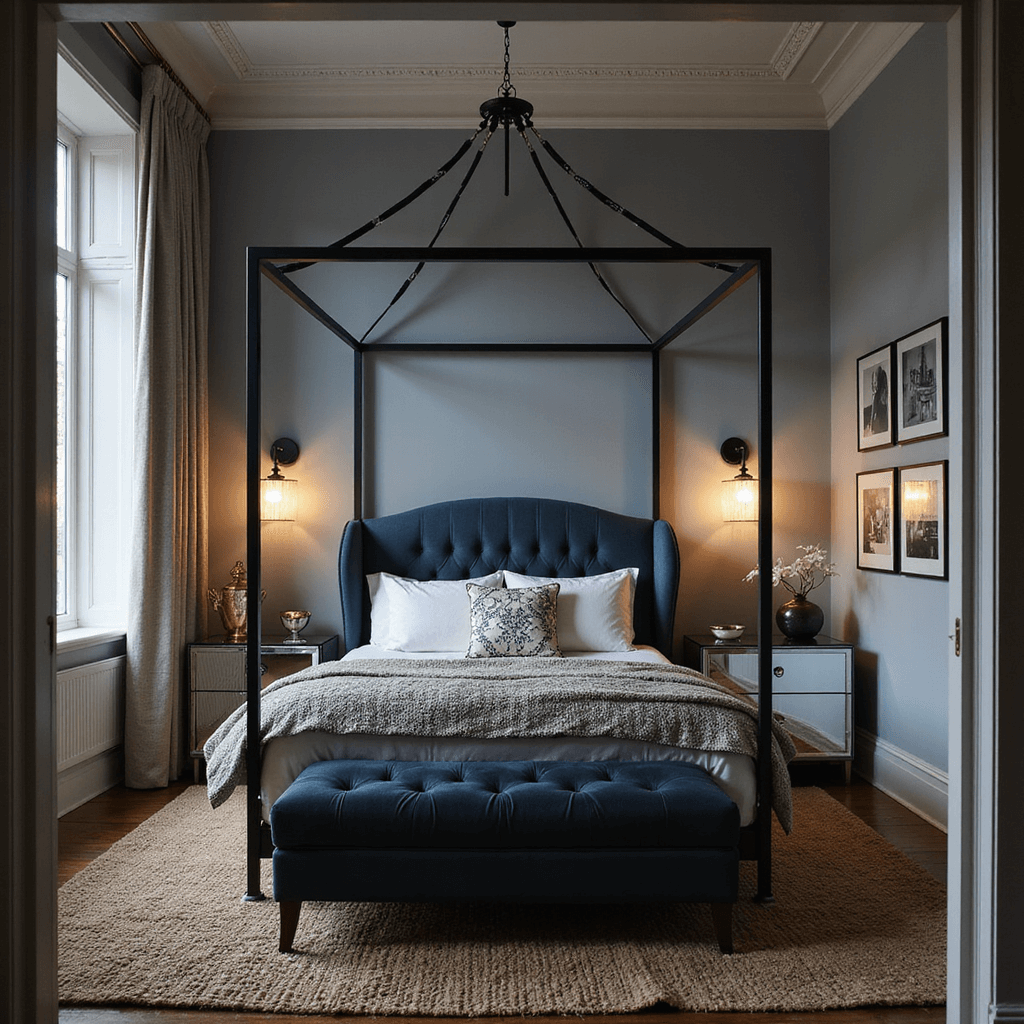 Transitional 16x14ft bedroom at dusk featuring a slate blue velvet wingback headboard, modern metal canopy frame, mixed brass and chrome accents, vintage Persian rug on sisal, and an asymmetrical gallery wall of black and white photography, illuminated by dimmable sconces and cove lighting.