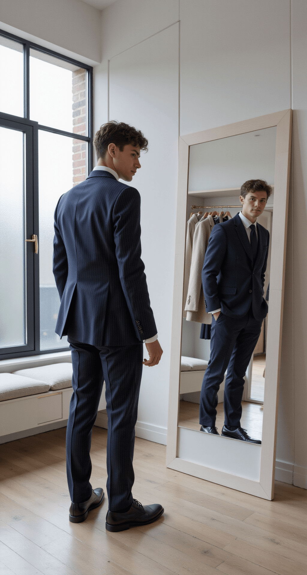 A young professional trying on a navy pinstripe suit in a modern minimalist boutique dressing room with matte white walls and brass accents, illuminated by late afternoon light. The mirror reflects the well-tailored suit, while an open garment rack showcases curated neutral-toned workwear pieces, all captured with a shallow depth of field highlighting fabric textures.