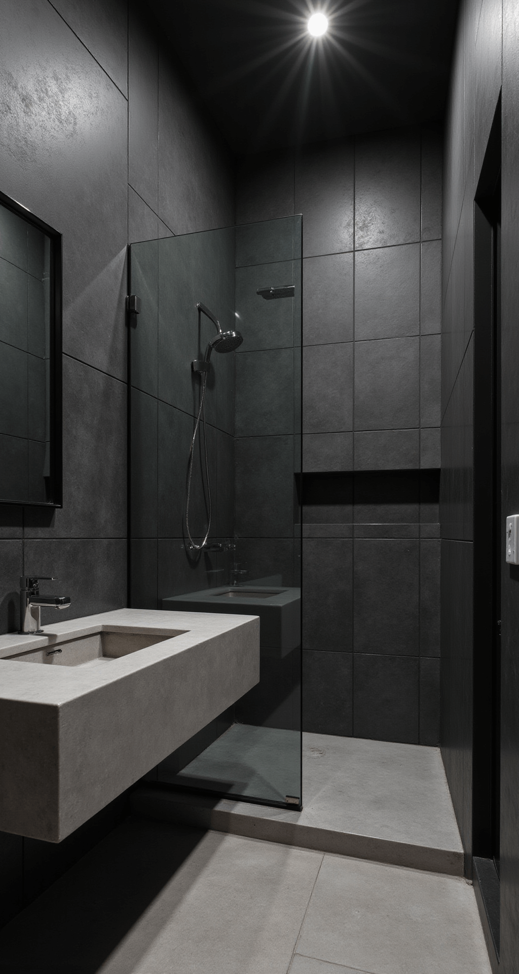 A minimalist bathroom featuring large-format matte black porcelain tiles, recessed LED lighting, a floating concrete vanity with an integrated sink, black shower glass, and hidden storage solutions, all in a monochromatic palette with varying textures.