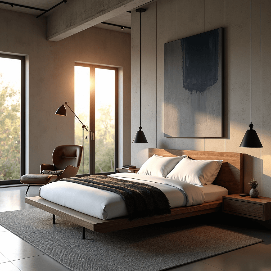 A modern minimalist bedroom with a dark walnut platform bed dressed in white linen, bathed in golden hour sunlight, featuring a concrete wall with an abstract canvas, black metal pendant lights, and a leather Eames lounge chair.