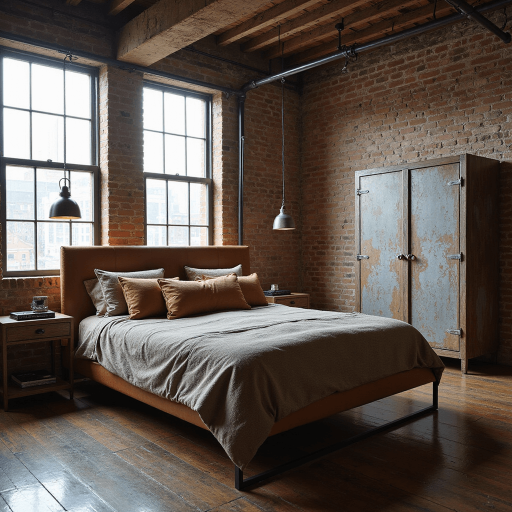 Industrial chic loft bedroom featuring exposed brick walls, factory-style windows, and a weathered leather king bed with granite-colored linens. Vintage steel pendant lights and raw wood floating nightstands enhance the space, while a distressed metal wardrobe adds charm. Early morning light casts geometric shadows, emphasizing the room's textures and architectural details.