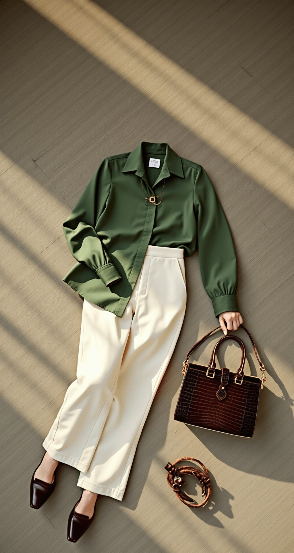 An airy open-concept workspace features industrial elements, bathed in golden hour lighting. A business casual outfit—sage green silk shirt, cream wide-leg pants, tortoiseshell accessories, and leather mules—lay flat on a concrete surface, styled with a designer tote and delicate gold jewelry. The overhead shot captures soft shadows and high contrast.