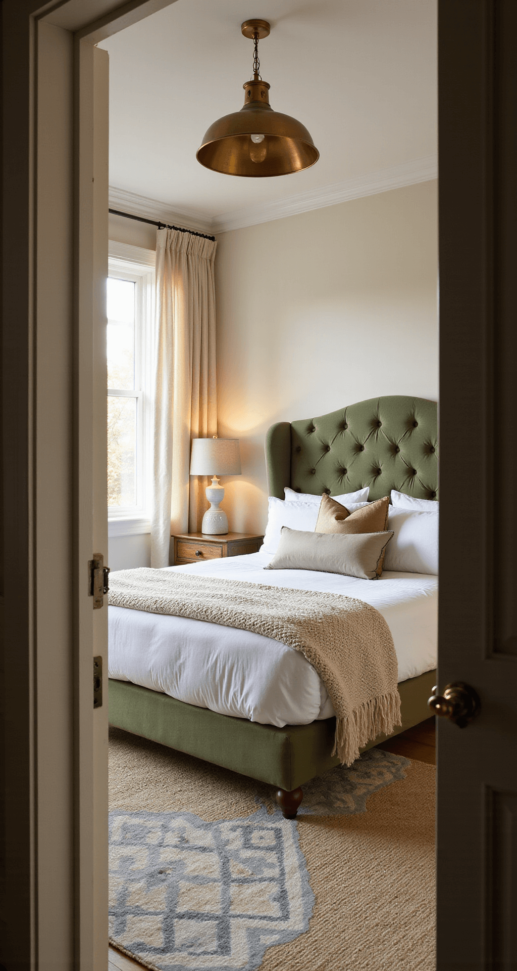 A luxurious bedroom featuring a king-sized bed with a sage green tufted velvet headboard, layered with white linens and an ivory knit throw, illuminated by golden hour sunlight through floor-to-ceiling windows. The space includes a vintage brass pendant light, a jute rug under a wool area rug with geometric designs, and side tables with ceramic lamps.
