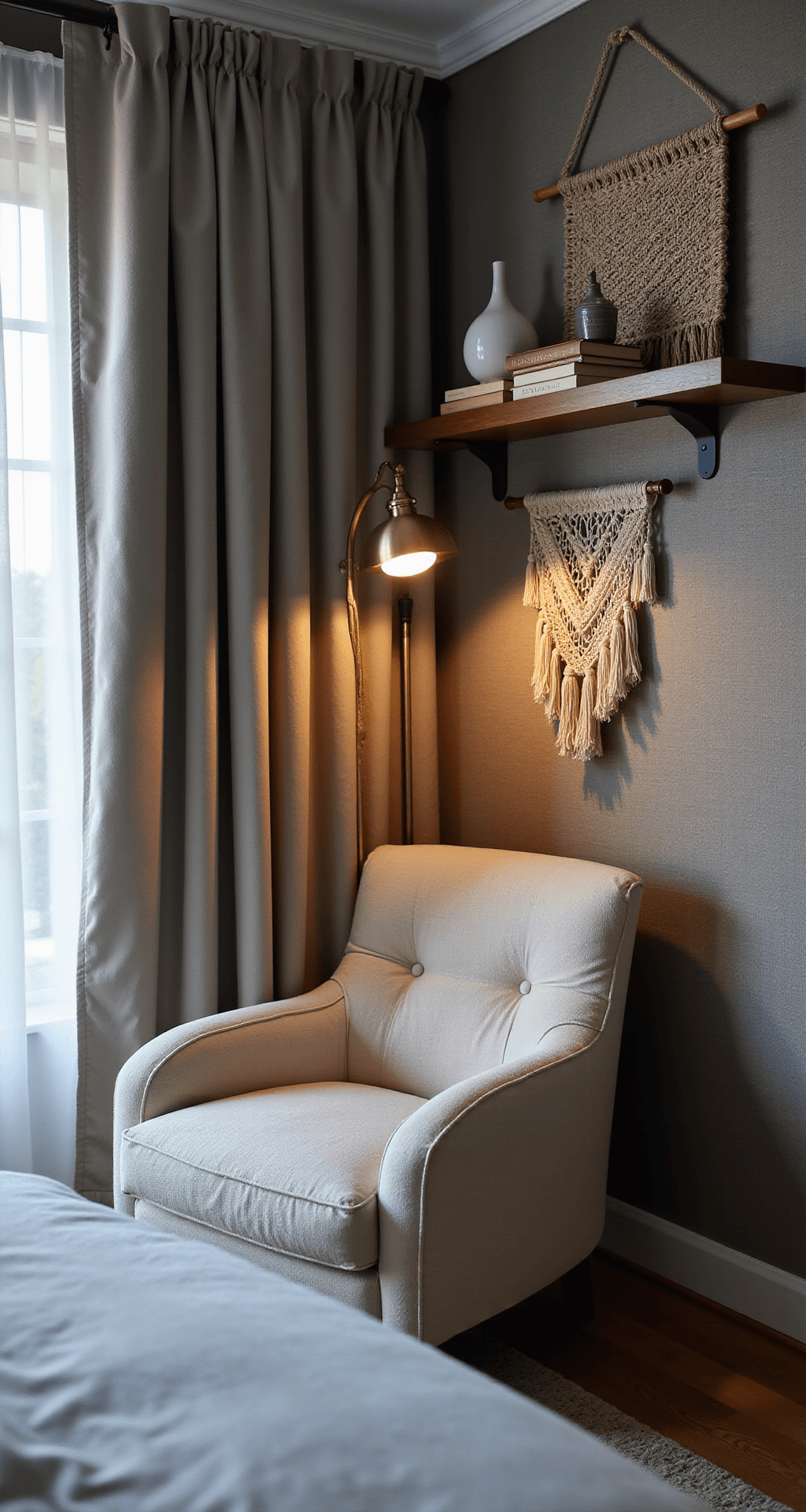 A cozy bedroom corner vignette featuring a plush oatmeal bouclé armchair in a curved reading nook, illuminated by a modern brass arc lamp. Textured grasscloth wallpaper in warm gray serves as a backdrop, complemented by a macramé wall hanging above a walnut shelf holding vintage books and ceramic vessels. Sheer linen curtains softly filter the blue hour light.