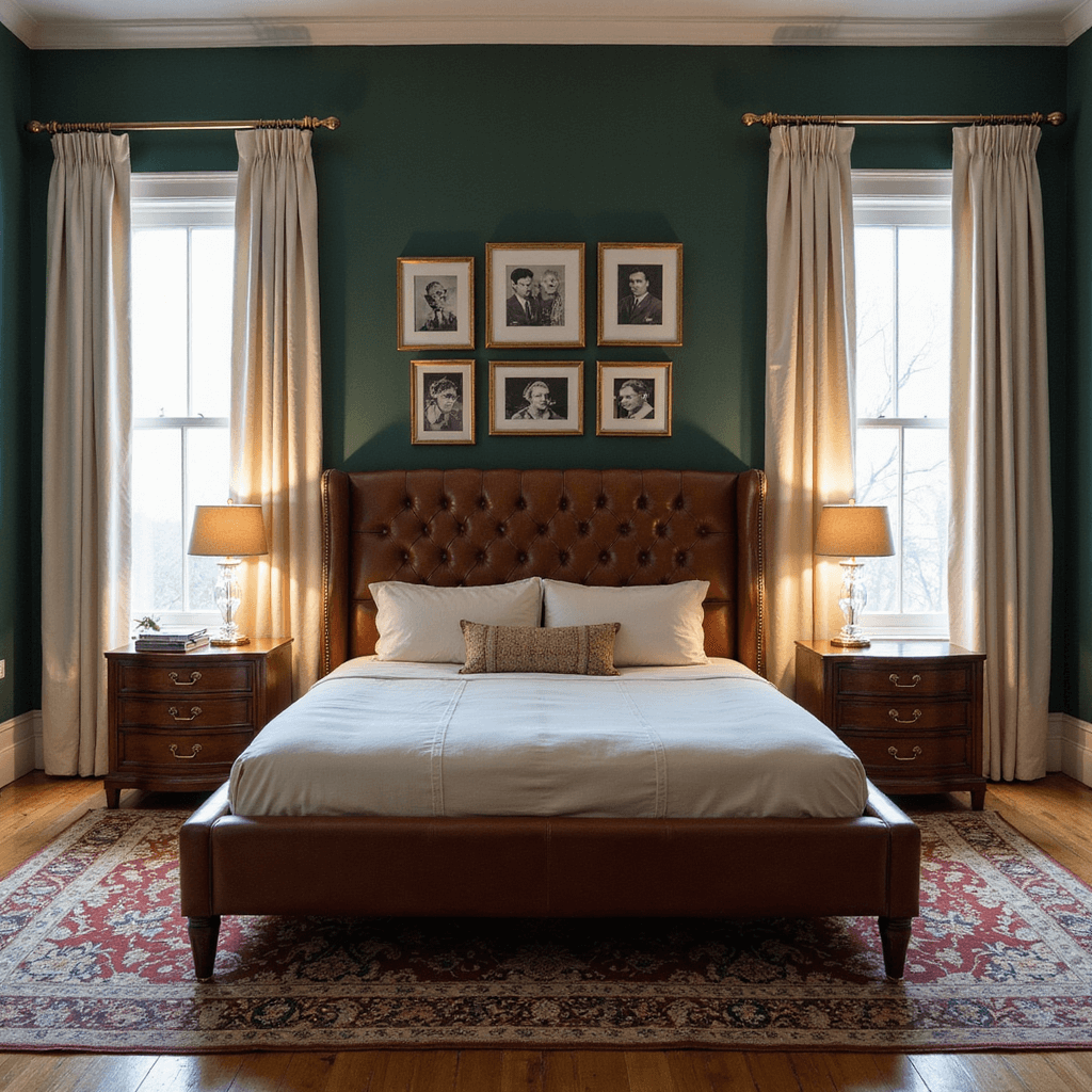 A classic sophisticated bedroom with rich mahogany furniture, tufted leather headboard, and brass-accented nightstands, featuring a forest green accent wall with a gallery of black and white photographs in gold frames, ivory silk drapes, a vintage Persian rug, and crystal table lamps, shot straight-on to emphasize symmetry and elegance during dusk.