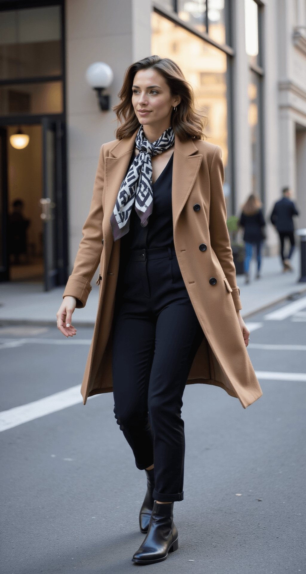 Professional woman in a structured camel coat and black tailored jumpsuit crossing an urban street in early morning light, with a geometric print silk scarf billowing in the breeze, framed by a glossy office building and blurred motion effect.