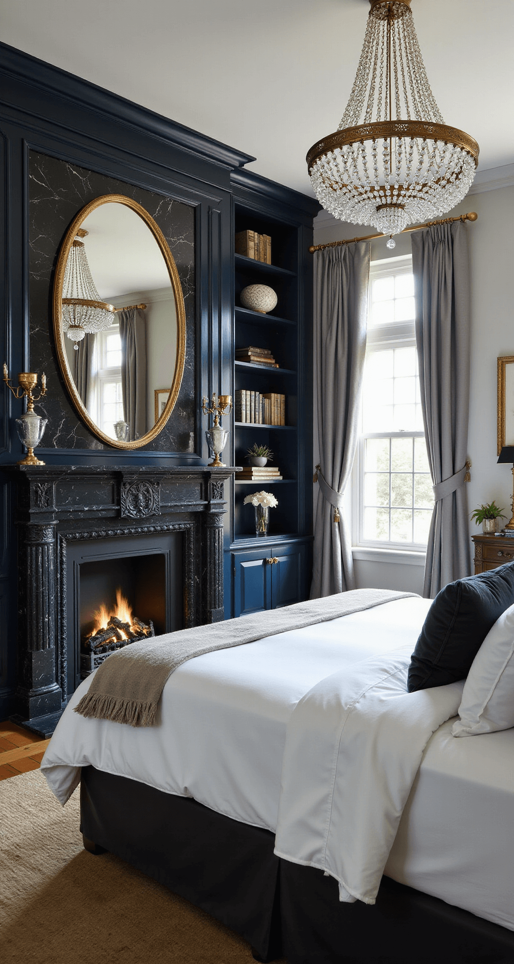 Luxurious primary bedroom suite featuring a California king bed with hotel-style white bedding, a dramatic black marble fireplace with deep navy built-in bookshelves, and herringbone hardwood floors, all bathed in morning light from an elevated camera angle.