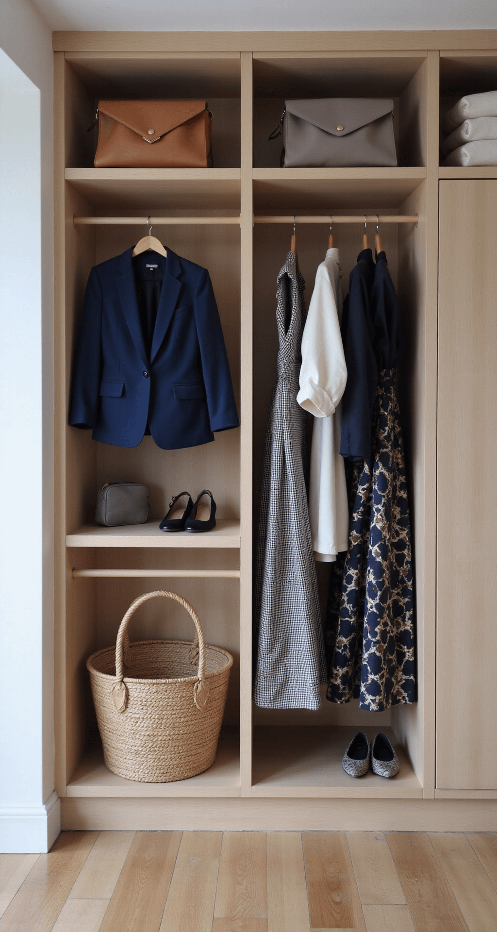 Contemporary home office featuring a built-in wardrobe showcasing a coordinated workwear collection, including jewel-toned blazers, neutral blouses, and patterned midi skirts, all beautifully organized and illuminated by afternoon light.