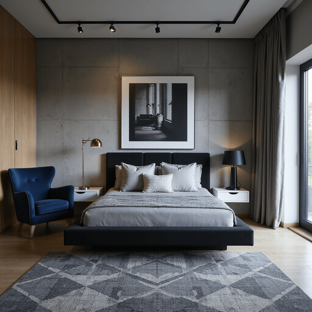 A contemporary bedroom at twilight featuring a floating matte black platform bed against a textured gray wall, complemented by a navy blue velvet accent chair and brass reading lamp. Minimalist white oak nightstands with hidden storage flanking the bed, large-scale black and white photography above, and a geometric wool rug in grayscale. The scene is captured from a 45-degree angle with dramatic uplighting enhancing architectural lines and textures.