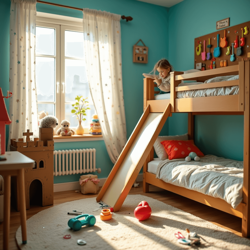 A vibrant child's bedroom filled with colorful cardboard creations, bright morning light illuminating a cork board of handmade slider phones, a wooden bunk bed with a slide, and a craft table surrounded by markers and cardboard scraps, with stuffed animals peeking from a cardboard castle.
