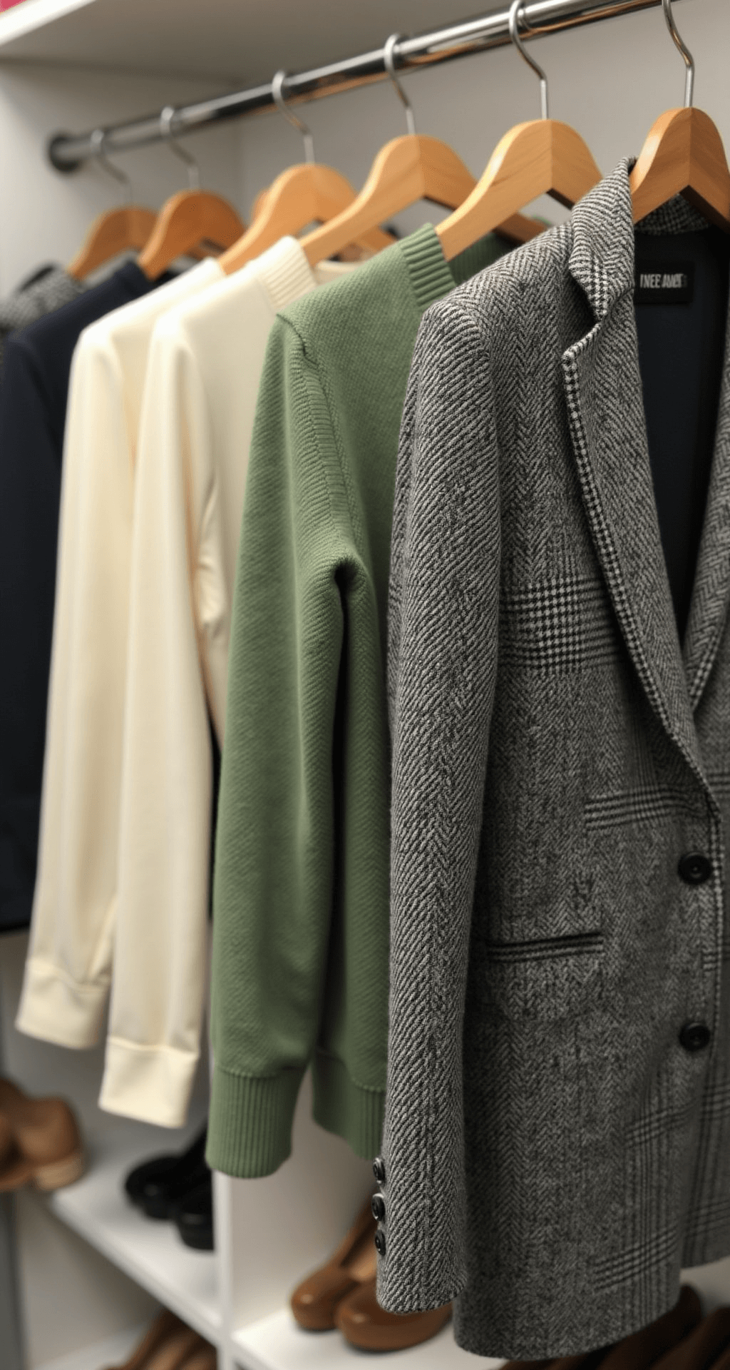 Bright walk-in closet showcasing a layering technique with three distinct layers: an ivory fitted silk base layer, a sage green medium-weight merino wool sweater, and a slightly oversized grey herringbone tweed blazer. Garments are arranged to illustrate the progression from thin to thick materials, highlighting close-up details of their textures.