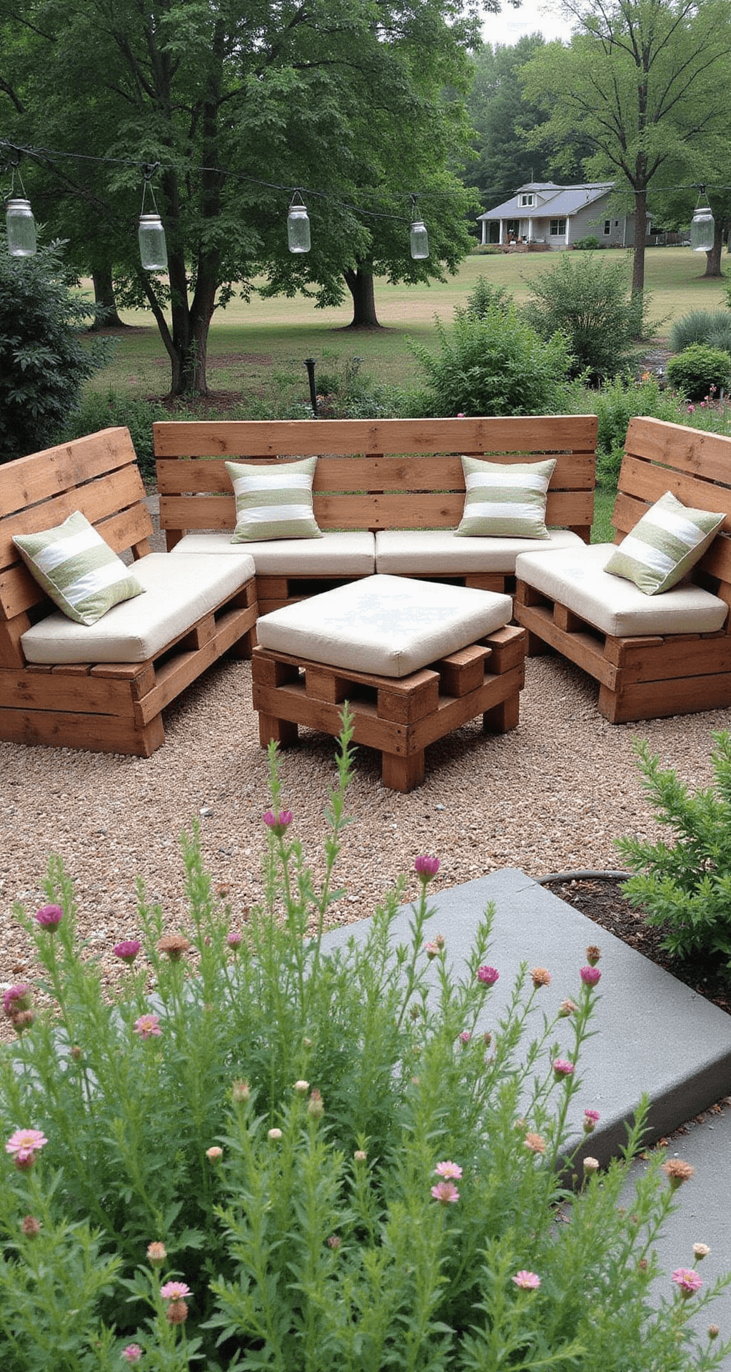 Rustic garden vignette with U-shaped stacked pallet benches in warm cedar tones, adorned with ecru and olive striped cushions, surrounded by wild cottage garden flowers and hanging mason jar lanterns, captured at eye level.