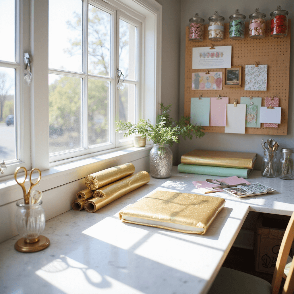 A sunlit craft room at a 45-degree angle, featuring a gift-wrapping station with a white marble countertop, organized chocolate bar wrapping supplies, a wooden pegboard displaying colorful ribbons, and crafting tools in clear glass jars, complemented by a mood board of wrapped chocolates.