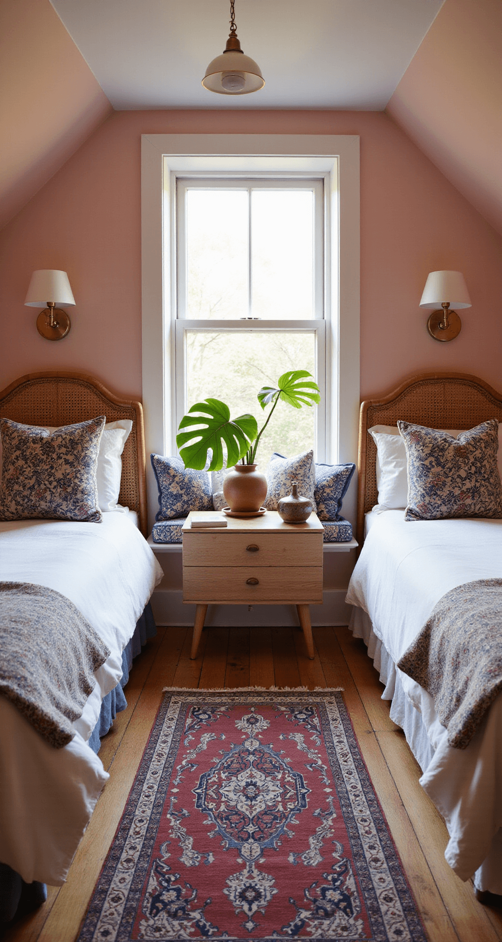 Cozy guest bedroom at sunset featuring twin beds with rattan headboards, blush pink walls, a vintage Persian runner, a window seat with Liberty print cushions, brass sconces, a potted fiddle leaf fig, a bleached oak floating nightstand, and a contemporary ceramic lamp, all captured with a dreamy atmosphere.
