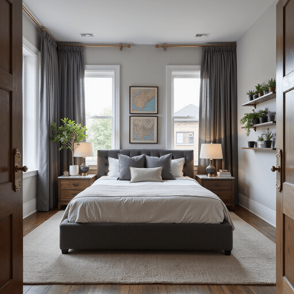 Luxurious master bedroom featuring a charcoal linen upholstered bed, walnut nightstands with marble tops, floor-to-ceiling windows with steel gray curtains, potted succulents on floating shelves, and a gallery wall of vintage maps in modern frames, all bathed in natural light and warm accent lighting.