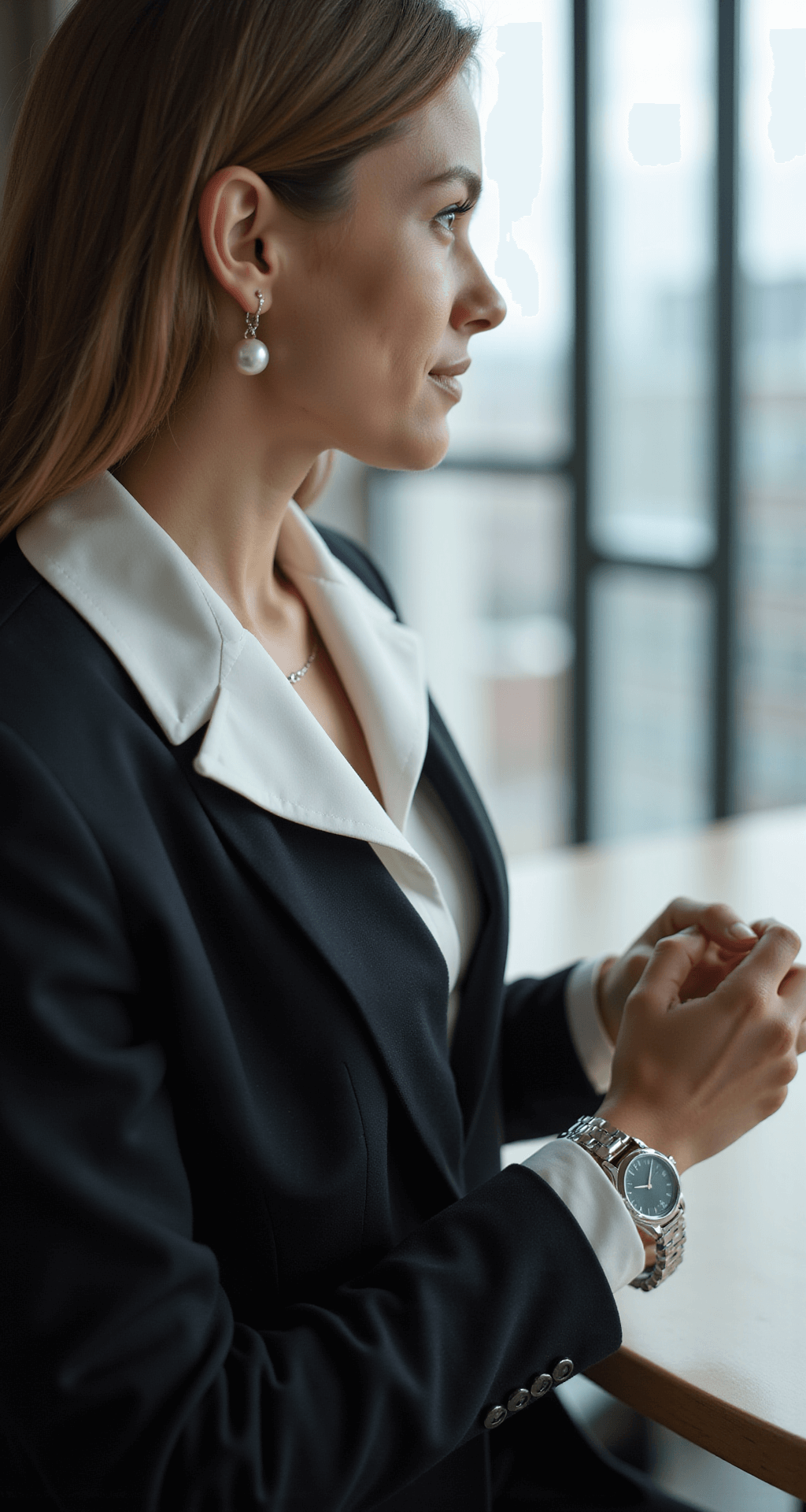 Close-up of a structured black blazer lapel and crisp white collar, adorned with pearl earrings and a classic watch, set in a sleek conference room with glass walls and city views, featuring natural diffused lighting highlighting the fabric quality.