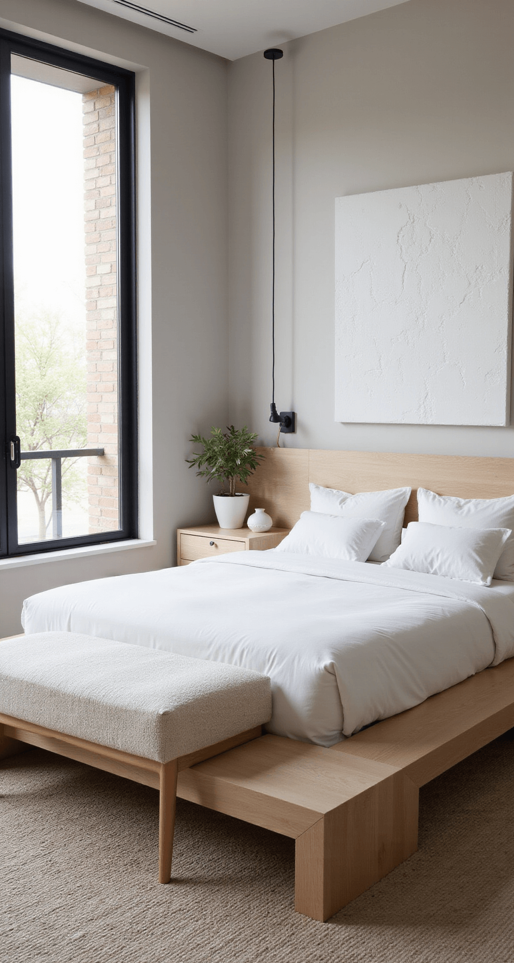 Modern minimalist bedroom featuring a platform bed in bleached oak, integrated nightstands, and a monochromatic scheme of warm whites and greiges, accented by black metal window frames and an oversized abstract canvas. A cream boucle bench sits at the bed's end, complemented by a handwoven wool rug and architectural lighting emphasizing clean lines, all captured in crisp morning light.