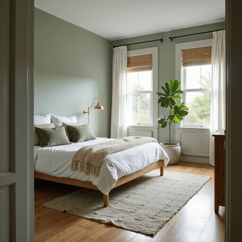 A serene sage green bedroom filled with morning light, featuring a modern platform bed with white linens and sage green pillows, light oak hardwood floors, vintage brass sconces, and a large fiddle leaf fig by the window, all enhanced by textural elements like a chunky knit throw and a hand-knotted wool rug.